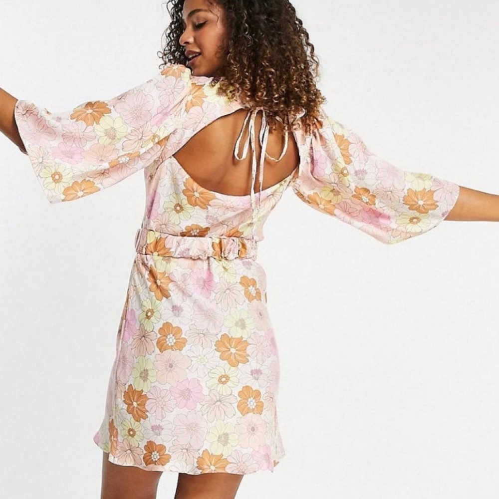 ASOS BELTED FLORAL FLARE SLEEVE CUTOUT BACK MINI DRESS